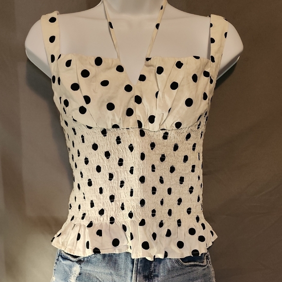 Gianni Bini Cream and Black Polka Dot Halter Tank Top - Picture 1 of 7